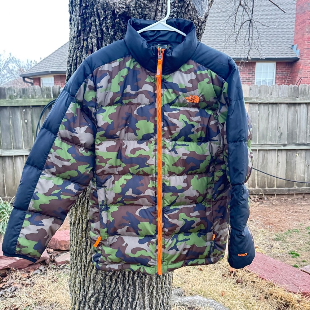 The North‎ Face Boys 550 Down Puffer Jacket Camo Orange Zip XL 18/20 NF0A34QY